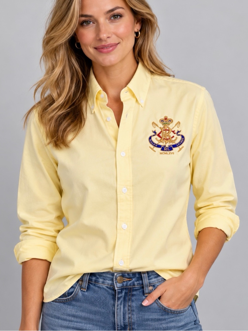 Ralph Lauren Yellow Embroidered Crest Button Down Oxford Shirt ~ Vintage